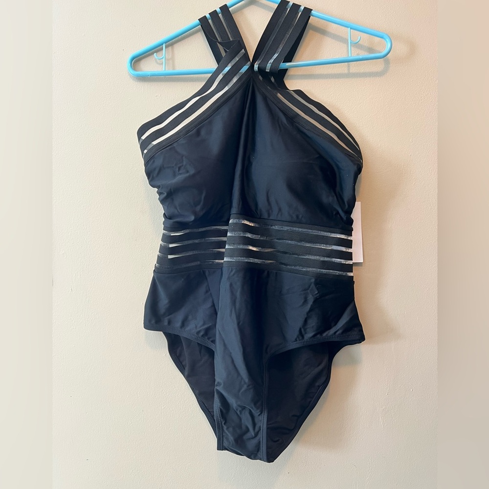 Meet.curve one piece black swimsuit with sheer stripes to waist and straps. XL